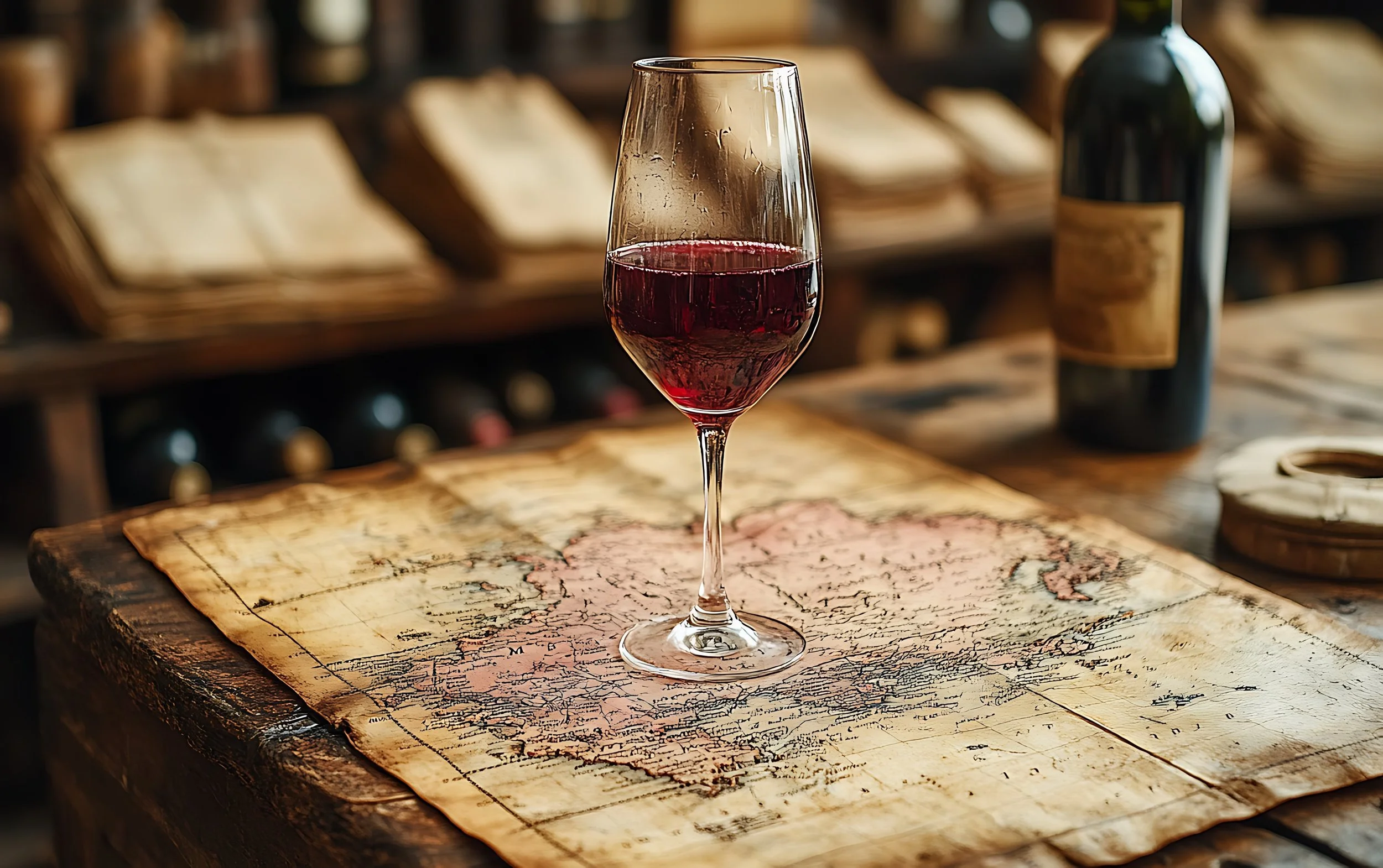 A glass of red wine on a vintage map, with a bottle of wine and old books in the background.