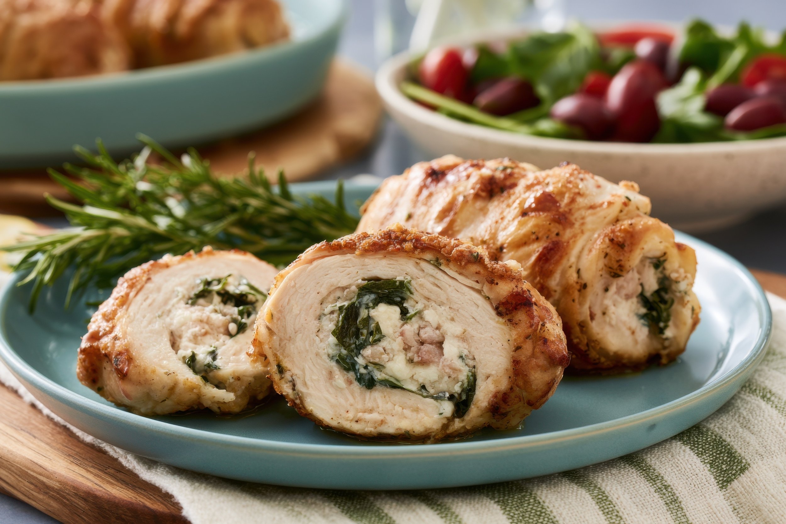 Stuffed chicken roulade with creamy sauce and vegetables on festive dinner plate elegant holiday meal close up