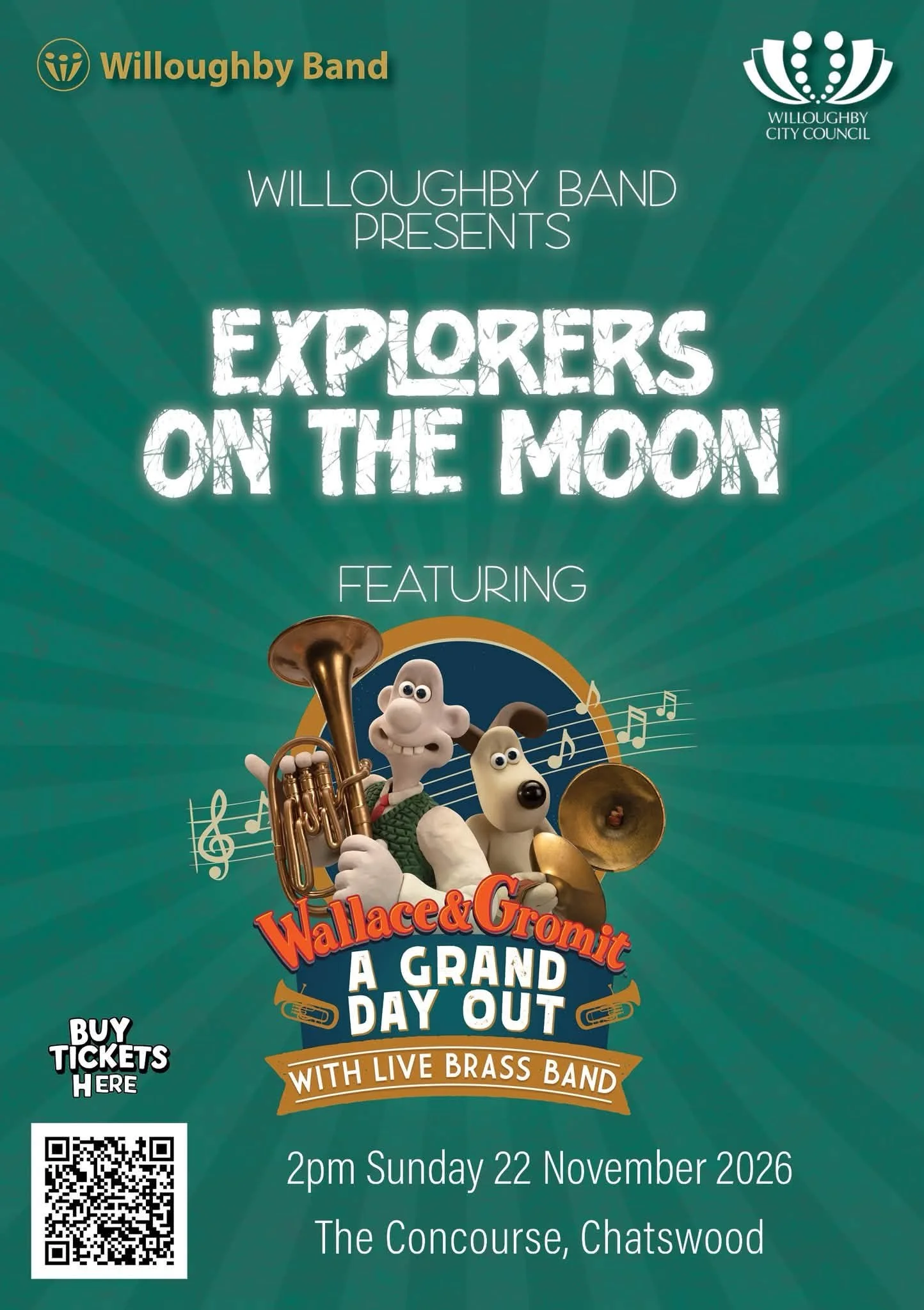 Explorers on the Moon concert poster featuring Wallace & Gromit: A Grand Day Out with live brass band. Sunday 22 November 2026, 2pm, The Concourse, Chatswood.