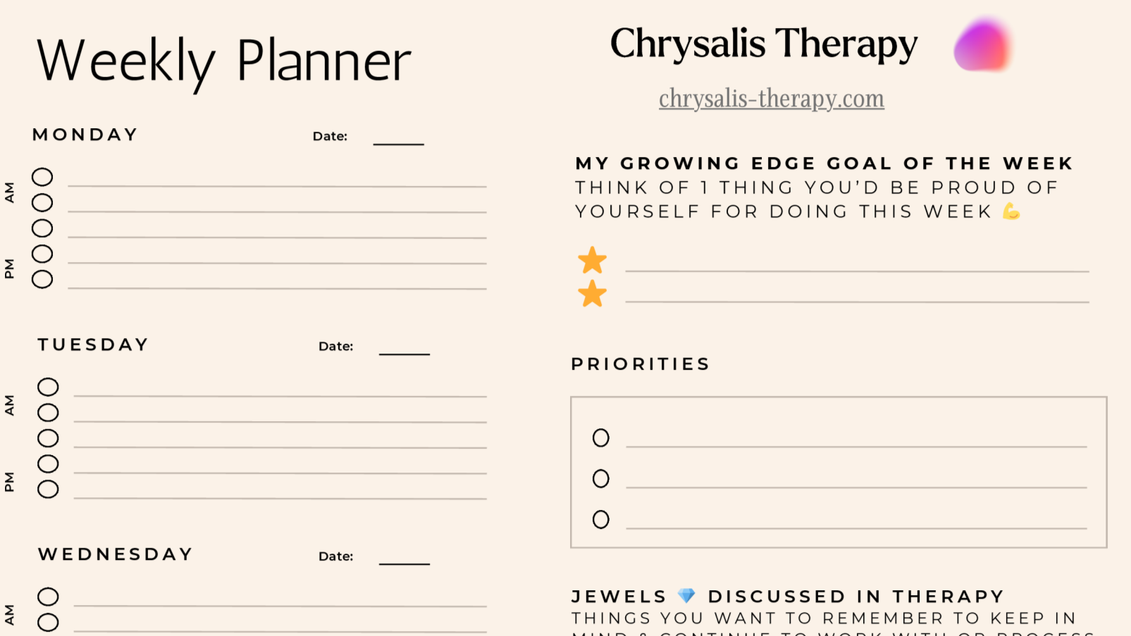 A weekly planner page titled 'Chrysalis Therapy' with a website link, a section for setting a weekly goal, priorities, and daily schedule from Monday to Wednesday, decorated with small colored icons and emojis.