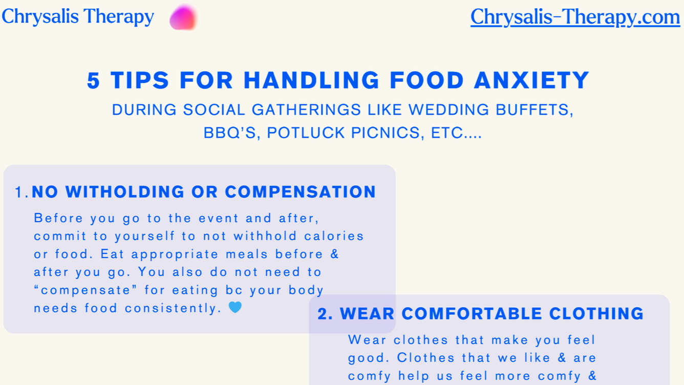 Web page titled '5 Tips for Handling Food Anxiety' from Chyrsalis Therapy, with tips and information about managing food anxiety during social gatherings like weddings, BBQs, and picnics.
