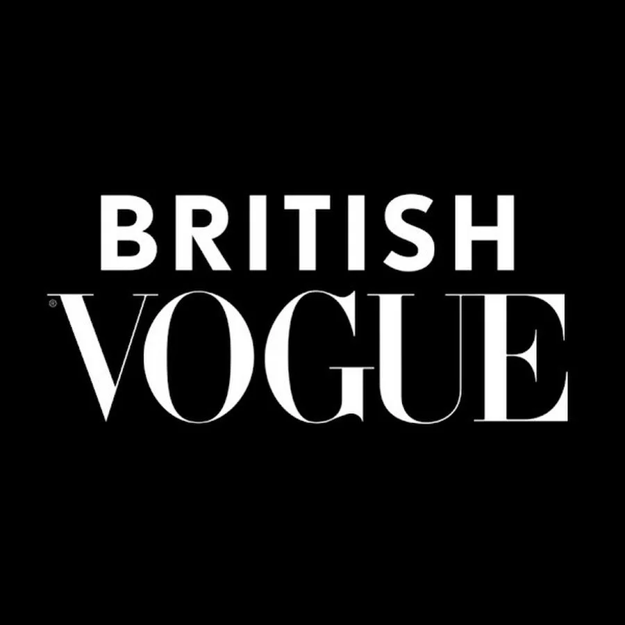 Black background with white text reading "BRITISH VOGUE" in bold and stylish fonts.