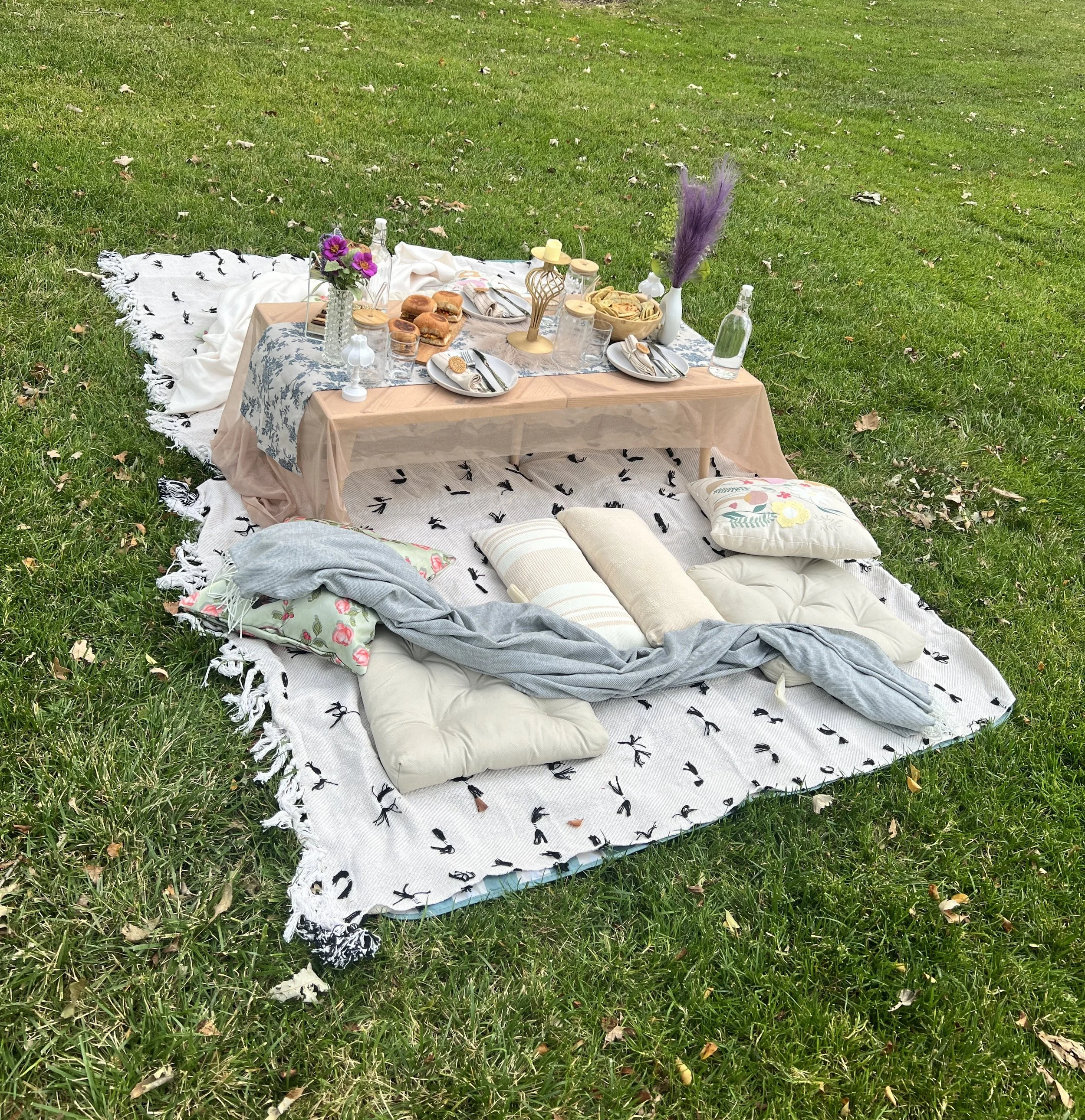 A picnic setup on a grassy field with a low table, cushions, pillows, and a blanket, featuring snacks, drinks, and decorative flowers.