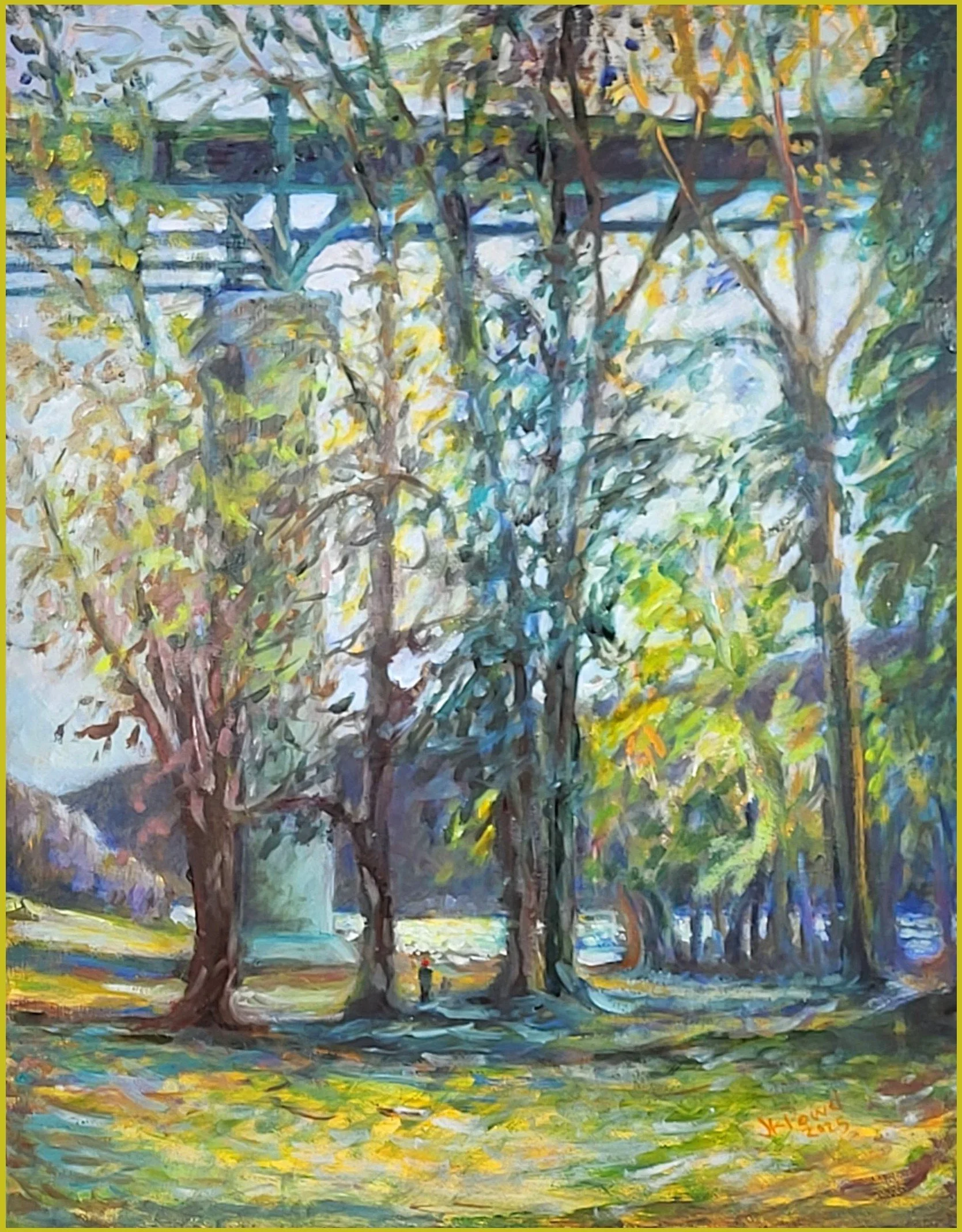 Red Beret under the Bridge (Cathedral Park), 2025. 16x20" Oil on panel.  (2025PDX07) Sold