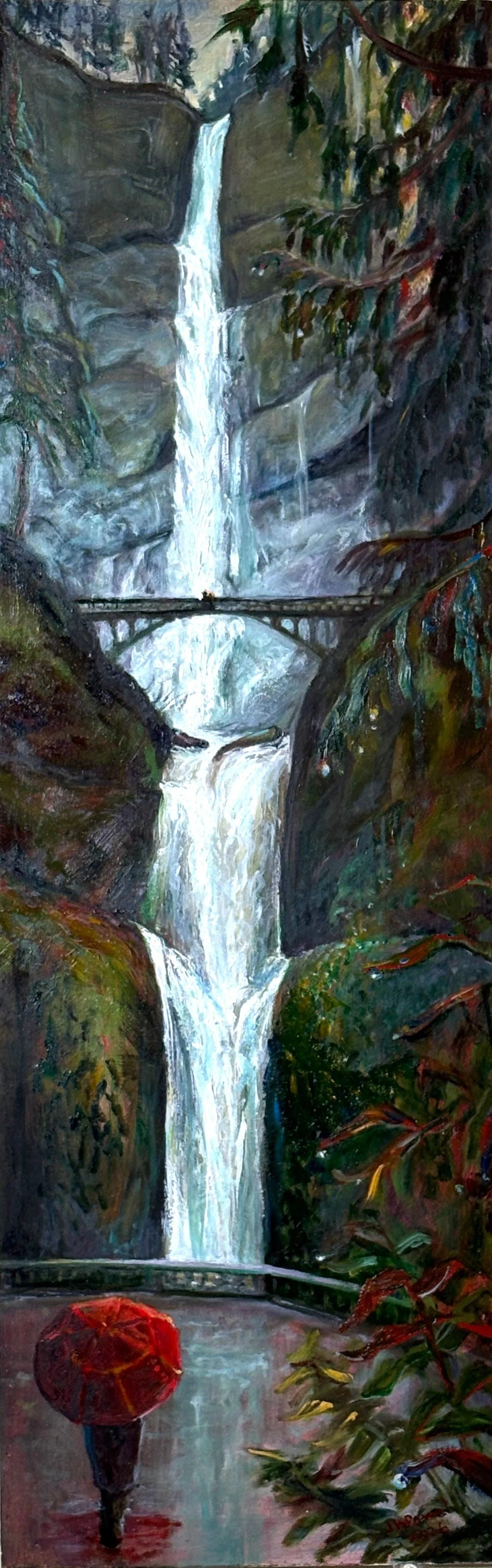 Falls After Heavy Rain (Multnomah), 2026. 8x24" Oil on board.  (2026OR01) Sold