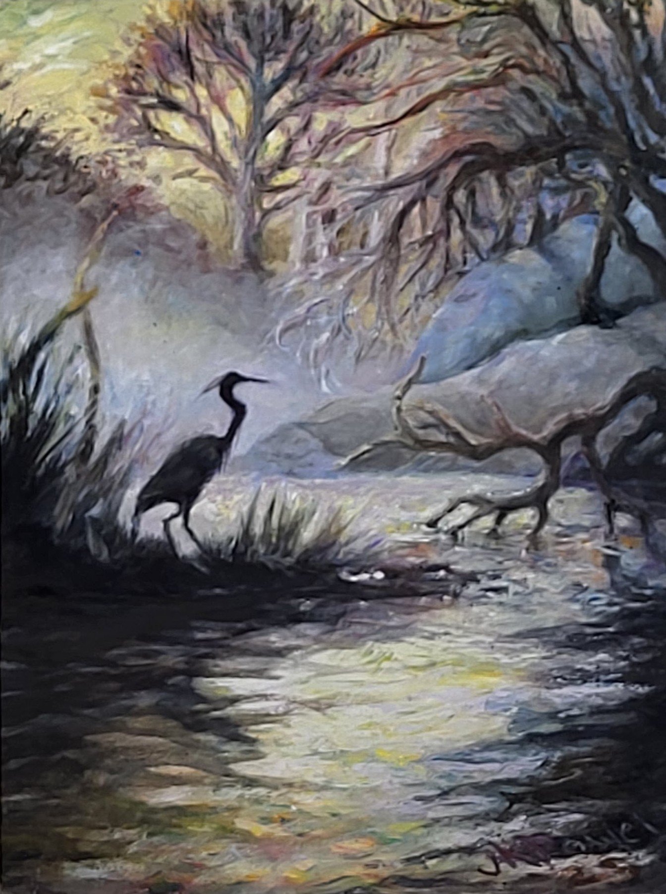 Heron Early Morning Mist, 2025. 9x12" Oil on Masonite.   (2025SD03)  Available