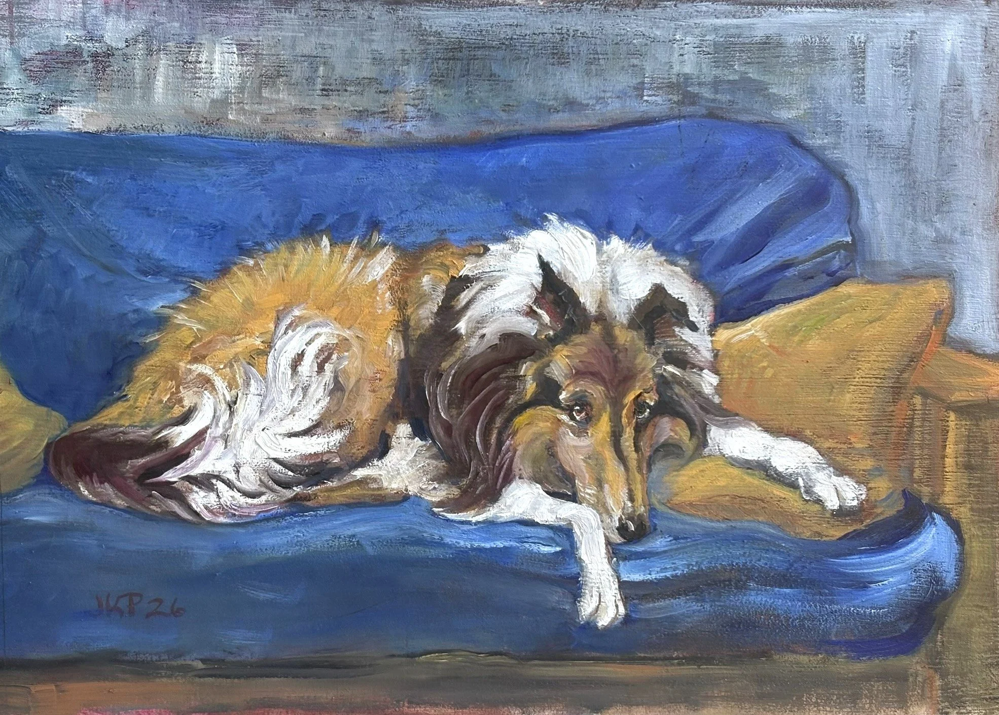Movie: Don't want to get off the couch, 2026.  16x11.5" Oil on board. (2026PDX08) NFS