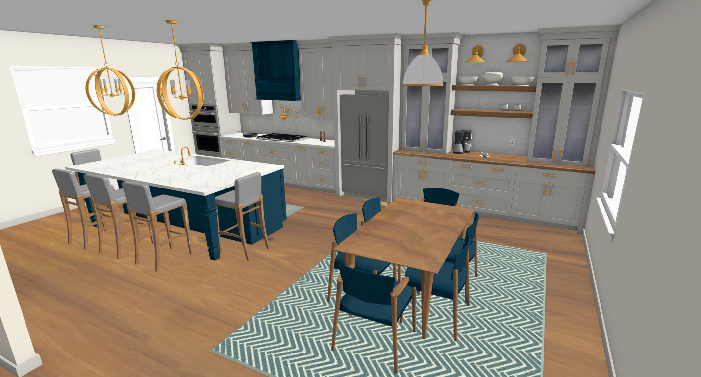 Modern kitchen with gray cabinets, a blue island with a white marble top, and a wooden dining table with six blue chairs on a patterned rug.