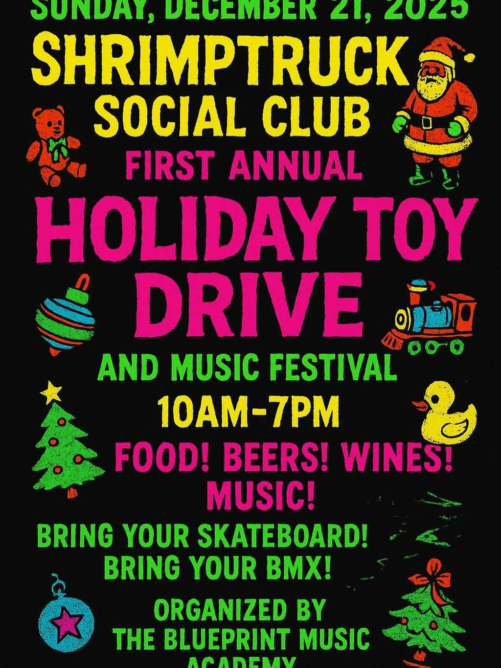 Toy and food drive with live bands all day, hosted by yours truly and @shrimpvschef along with our sponsors!  Come out to support your community and rock out to live music all day!  #SundayFunday #nonprofits 
#LocalEvents
#FamilyFriendly
#FamilyEvent
