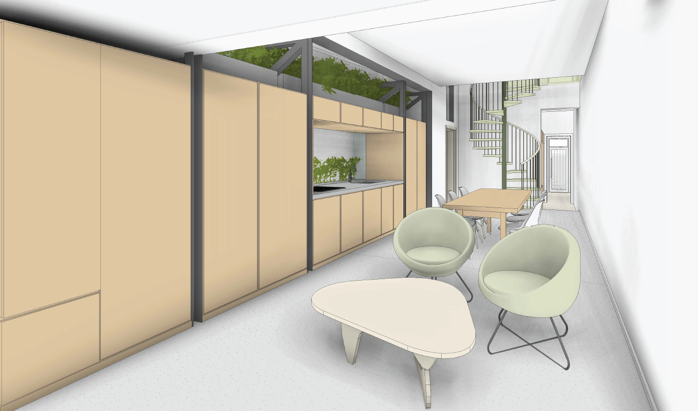 CplusC Sustainable Architecture and Builders  - Interior rendering of a modern living space featuring a lounge area with two light green cushioned chairs, a white curved side table, and a spiral staircase leading to an upper level