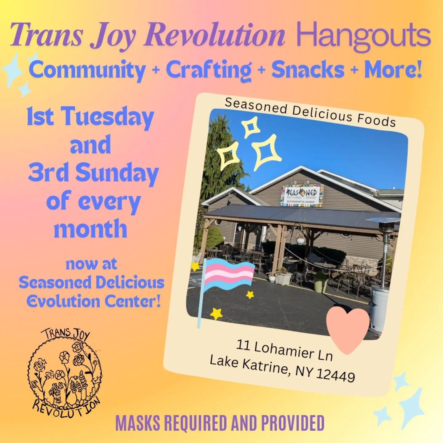 Join us for coloring, crafting, community building, snacks, and more at our hangouts, now at Seasoned Delicious Foods in Lake Katrine! As always, feel free to bring something to work on quietly, something fun to share, or just yourself and we've got 
