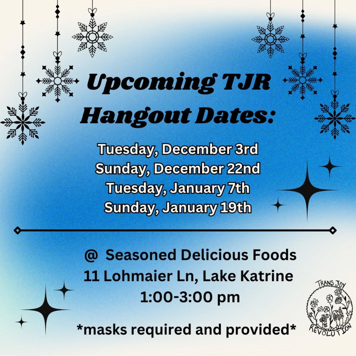 Here are some of the future hangout dates. As always we will have snacks, crafts, and community~ We hope to see you there ✨☃️

Accessibility info: Masks Required and Provided, please enjoy snacks in the patio area. Seasoned Delicious Foods has a dedi