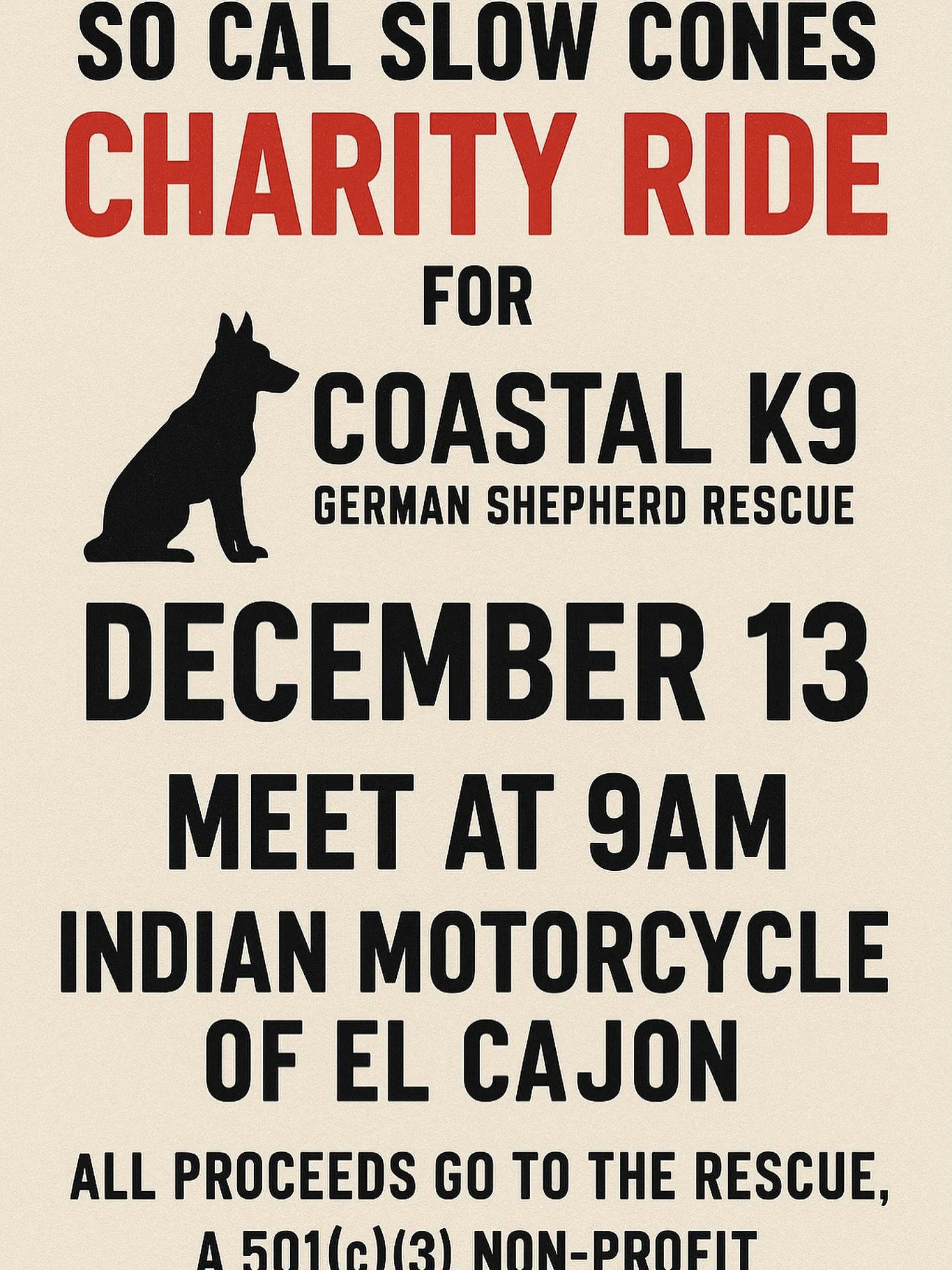 🐾 CHARITY RIDE &mdash; DEC 13 🐾
We&rsquo;re teaming up with Coastal K9 German Shepherd Rescue for a community ride with purpose. Come ride, hang out, and help raise funds for an amazing organization doing real work for dogs who deserve a second cha