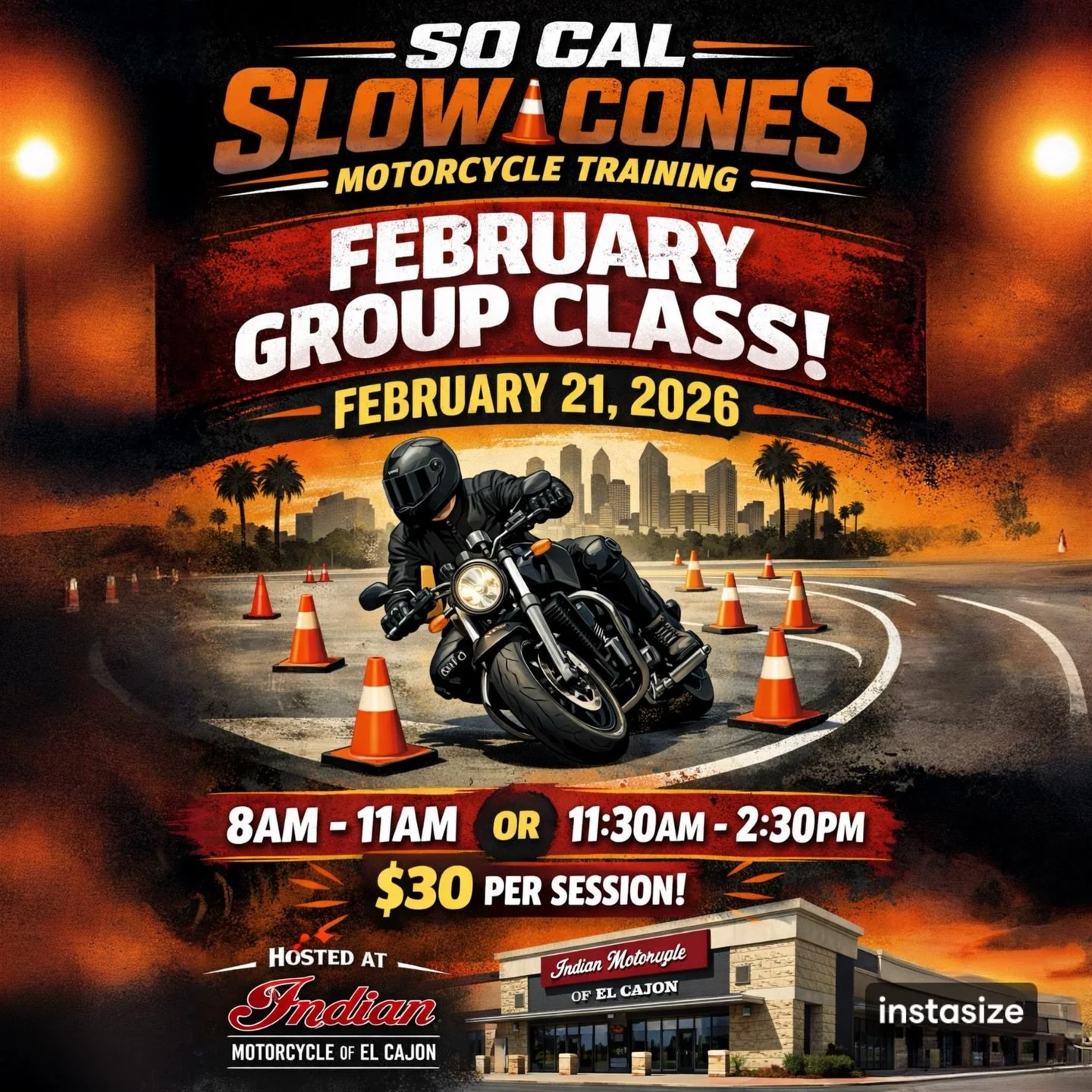 Fall in love with motorcycle training this February 🧡🏍️

Join us for our February Group Class on 2/21/26 at Indian Motorcycle of El Cajon and experience why riders all over SoCal trust So Cal Slow Cones.

🕗 8:00&ndash;11:00 AM or 11:30 AM&ndash;2: