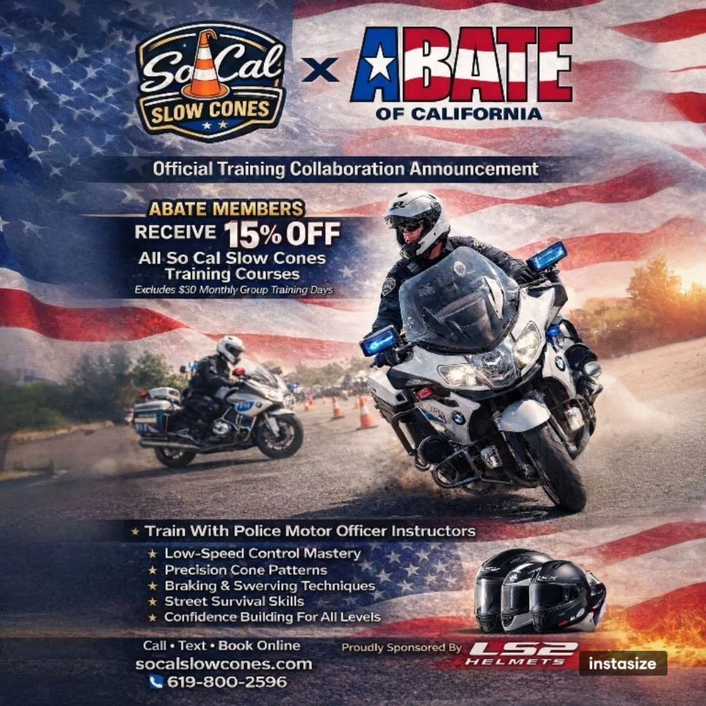 🇺🇸 OFFICIAL TRAINING COLLAB ANNOUNCEMENT 🇺🇸

We&rsquo;re proud to partner with ABATE of California to bring their members exclusive access to next-level motorcycle training with So Cal Slow Cones.

🛑 ABATE Members Receive 15% OFF
All So Cal Slow