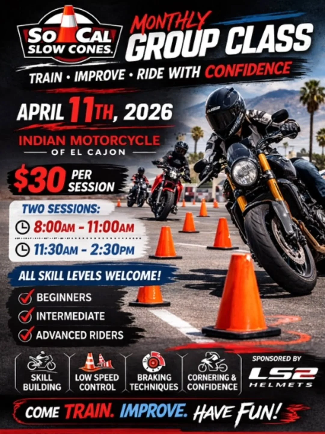 Our April Monthly Group Class is here.

This is where riders come to practice, improve, and build real control on their motorcycle.

Whether you're a brand new rider working on fundamentals or an experienced rider refining advanced techniques, our gr