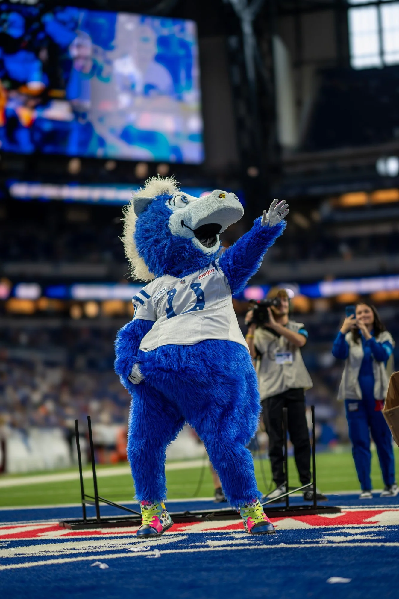 Colts mascot Blue posing on the field before the game.