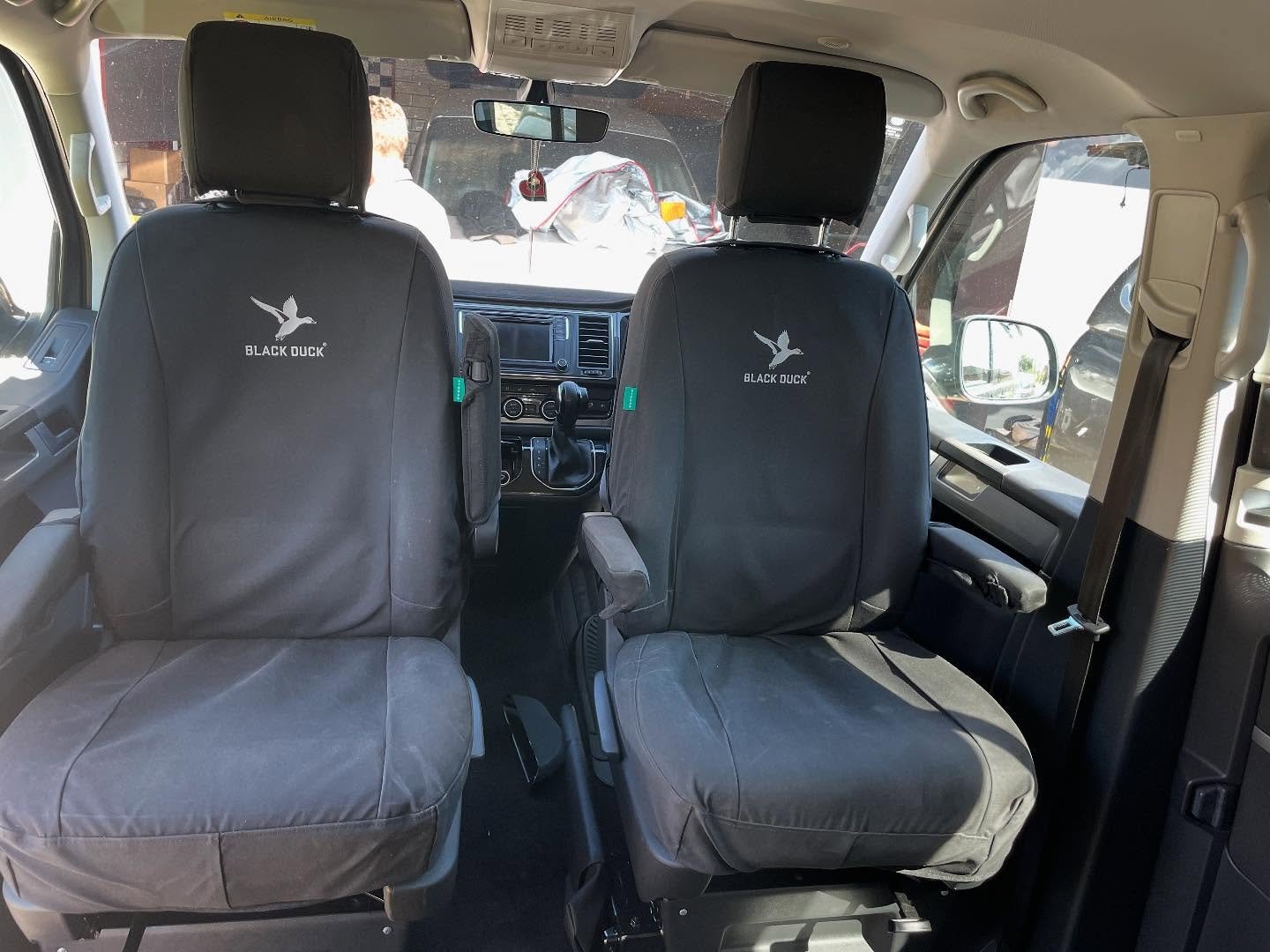 We fitted swivel seat bases on this VW T6 Multivan over the weekend! Not only do the swivel seats show off the Black Duck Seat Covers we supplied but they also create so much extra space in the van when you&rsquo;re camping. 
We have RIB Scopema swiv