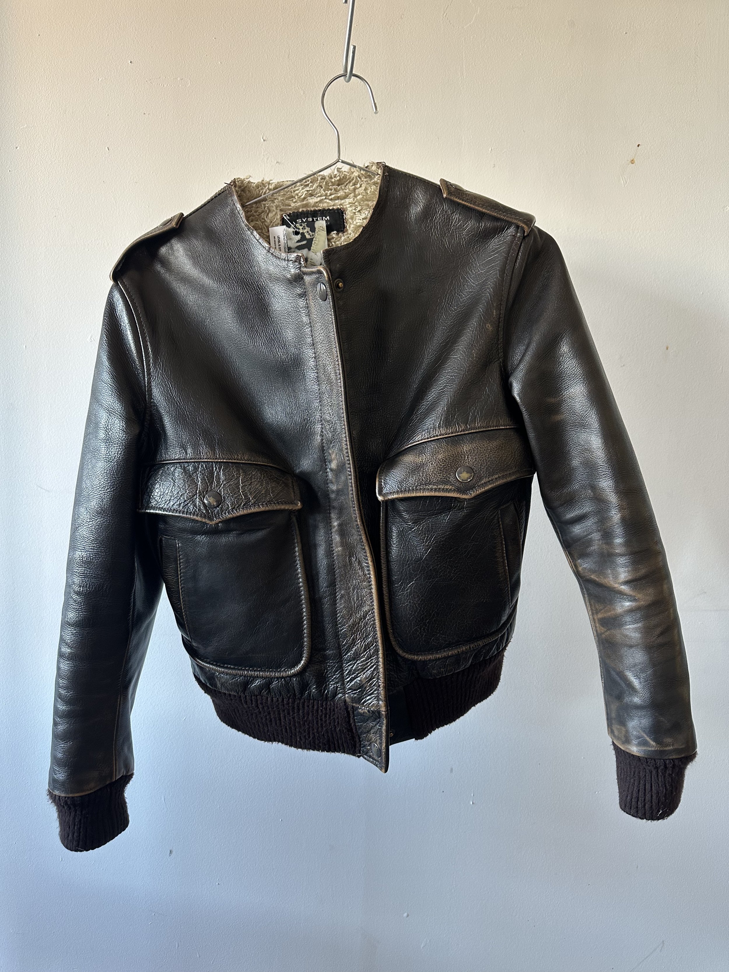 Collarless Lined Leather Jacket