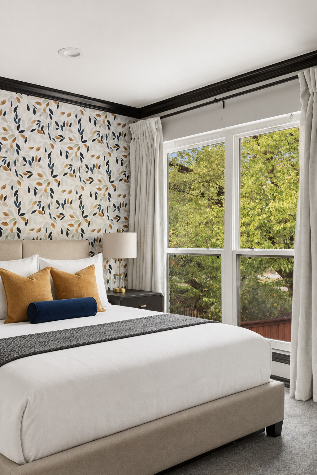 Bedroom in a short-term rental, designed by Kelsey Brown Interiors. The bedroom includes a tan bed, charcoal throw blanket, golden throw pillows and a deep blue, velvet, lumbar pillow. There is a modern wallpaper with hints of blue, gray, and gold. T