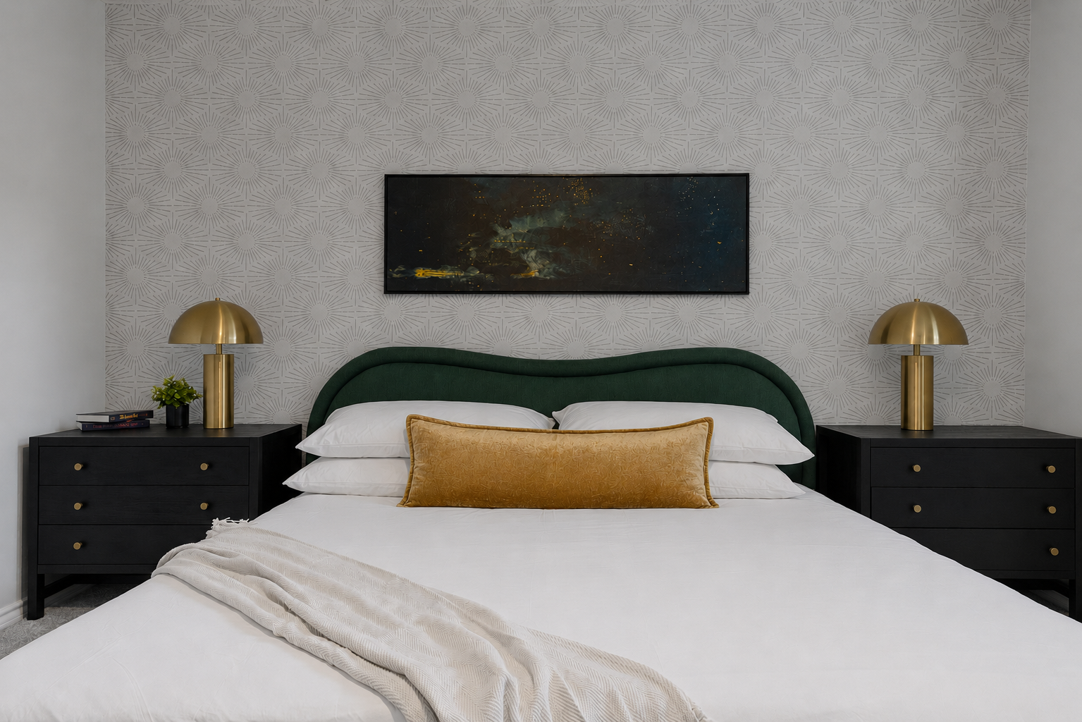 Bedroom in a short-term rental designed by Kelsey Brown Interiors in the Dallas-Fort Worth area. The bedroom is elevated, modern, and showcases a deep green, gold, black and beige color palette. 