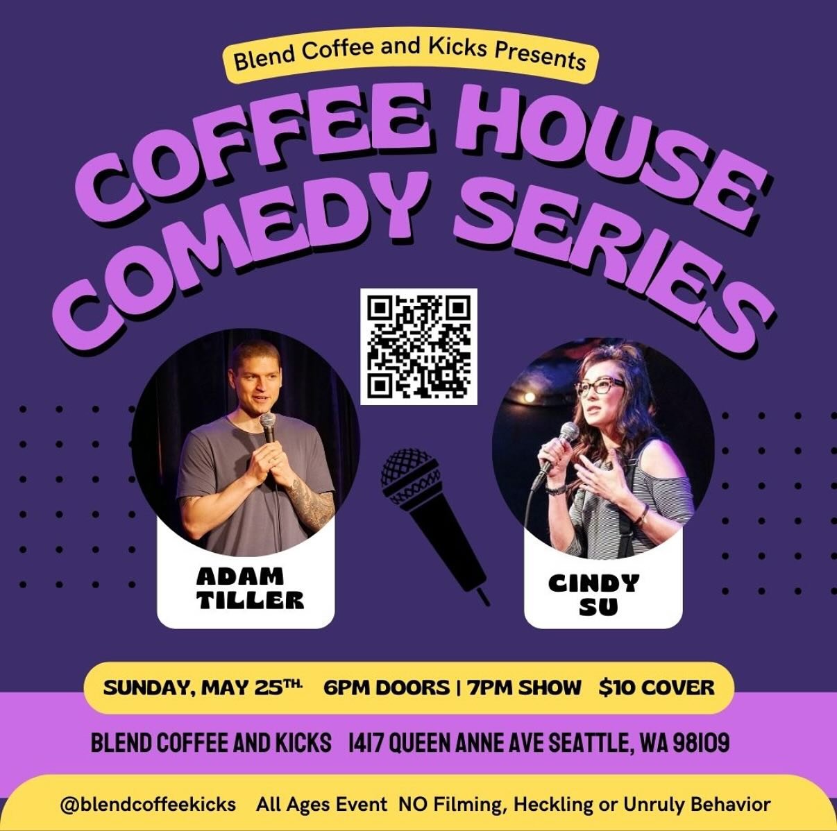 Join us for the 2nd installment of our Coffee House Comedy Series on Sunday, May 25th with the hilarious @atill55 and @cindysucomedy - Scan the QR code for tickets 🎟️