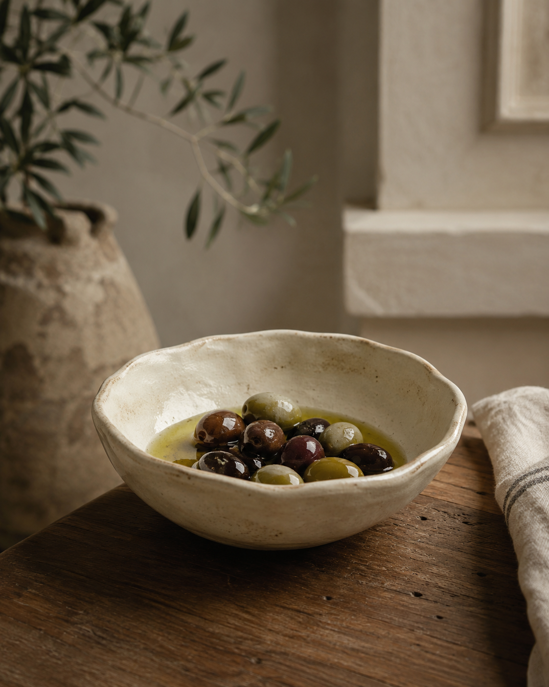 A rustic ceramic bowl filled with green and black olives in olive oil on a wooden table, with a white cloth napkin nearby and a potted plant in the background.