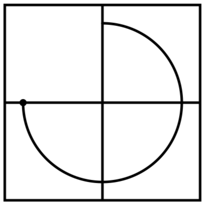 Geometric drawing of an outline square with sections divided by vertical, horizontal, and diagonal lines.