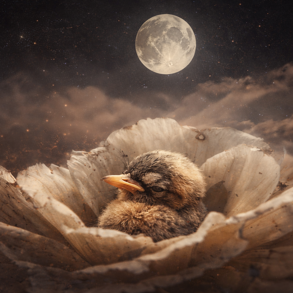 A baby bird resting inside a seashell with a large full moon and starry night sky in the background.