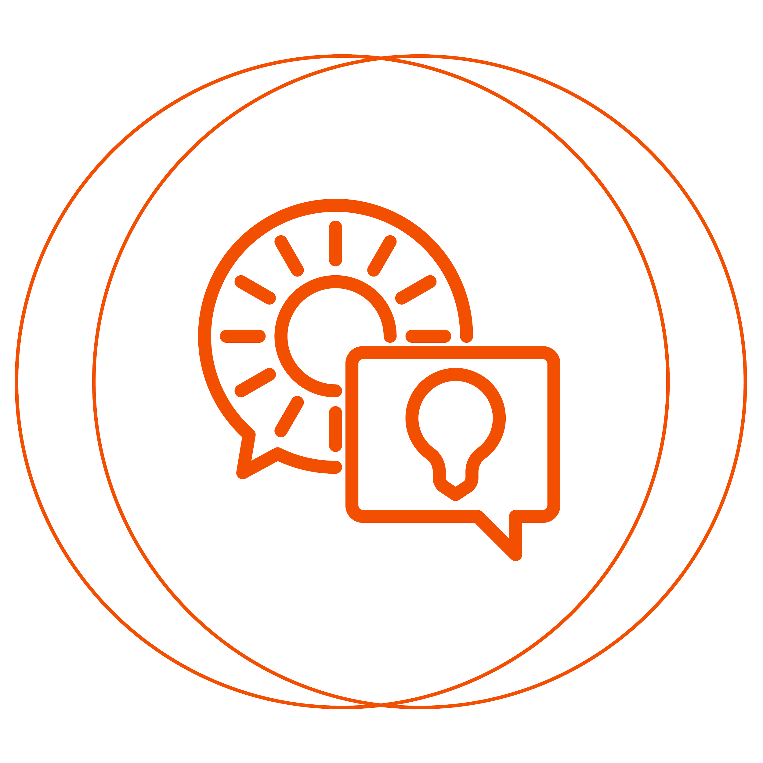 Icon representing ideas and creativity with a lightbulb inside speech bubbles, outlined in orange on a black background.