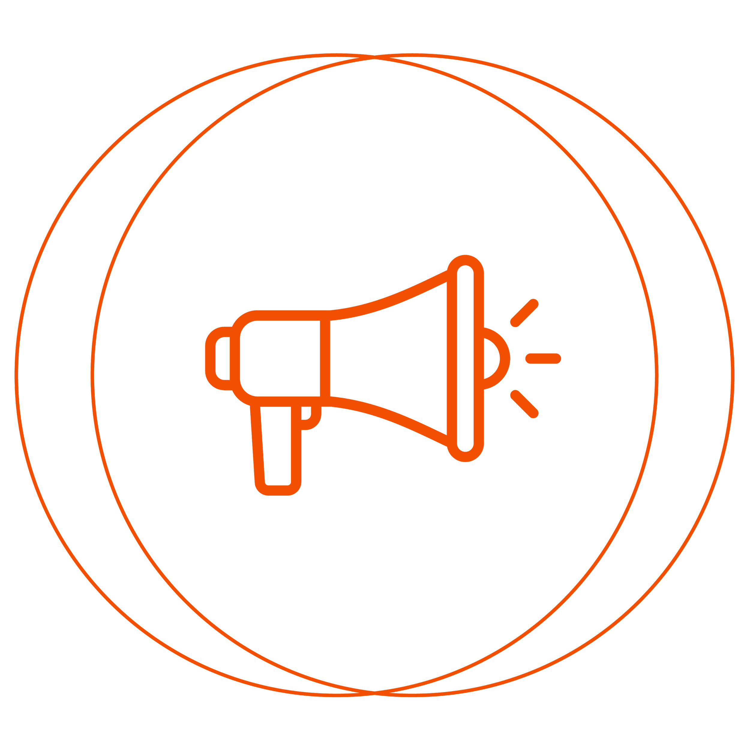 Icon of a megaphone with sound waves, surrounded by three concentric circles.
