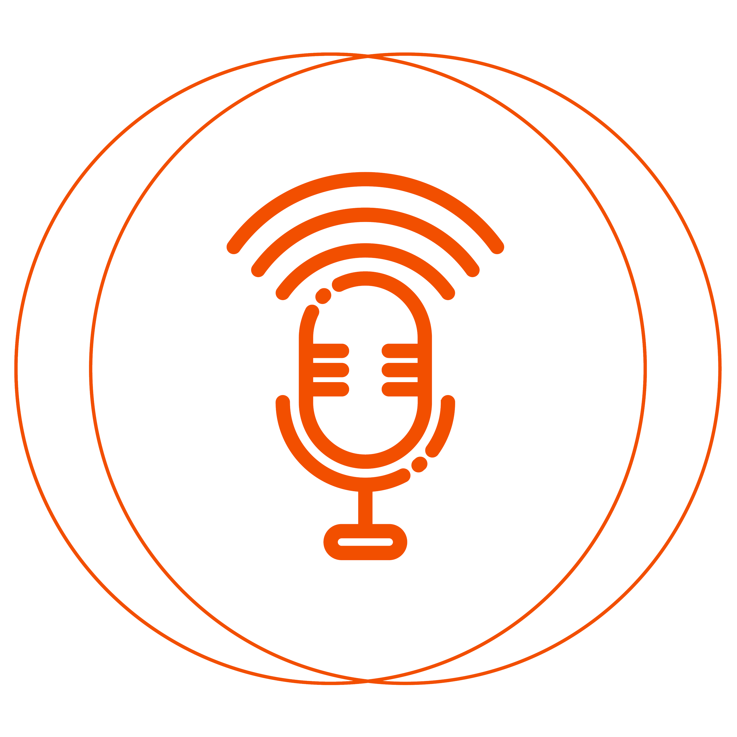 Outline icon of a microphone with wireless signal waves above it, surrounded by concentric circles, in orange on a black background.