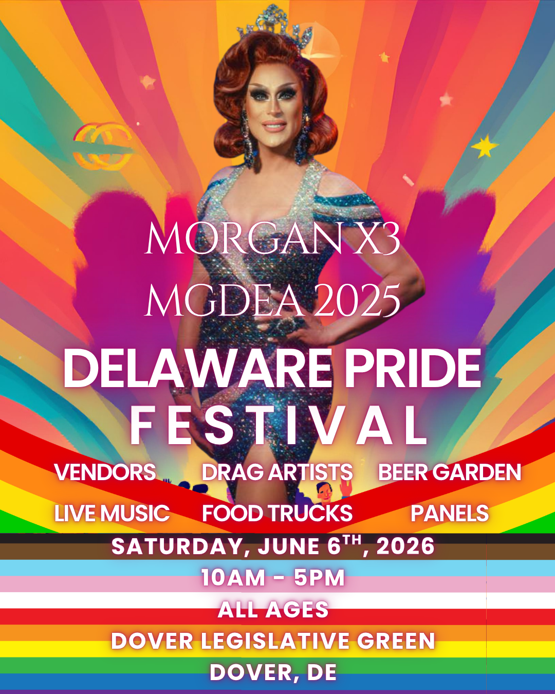 Colorful poster for Delaware Pride Festival featuring a person in a glittery dress with rainbow background, event details and attractions listed.