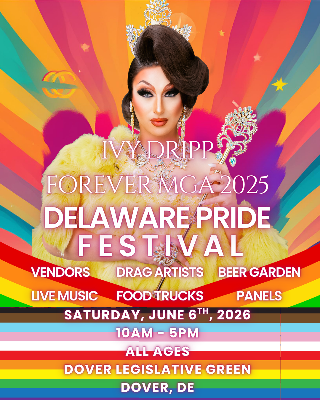 A colorful poster advertising the Delaware Pride Festival on June 6, 2026, featuring a drag queen wearing a yellow fur coat and a crown, with rainbow background elements and event details.