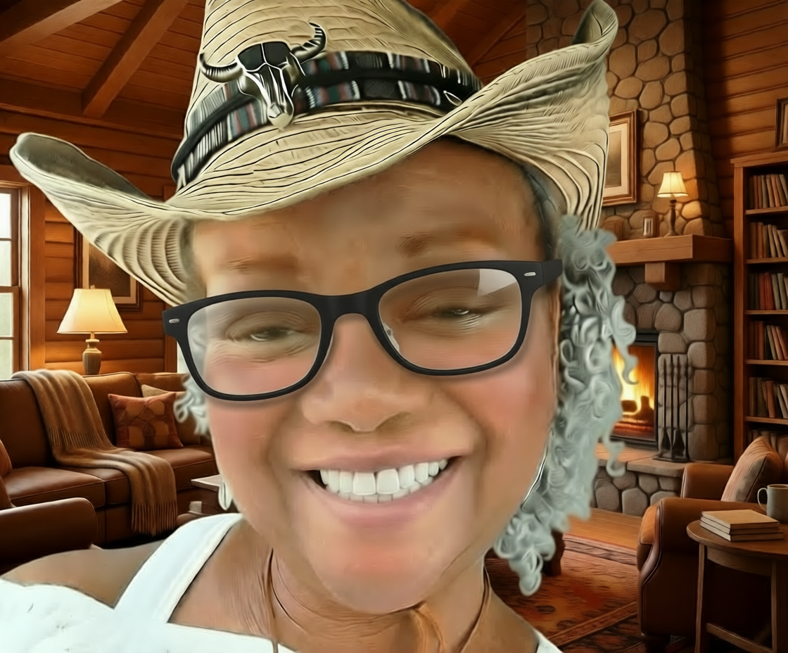 Smiling woman wearing a cowboy hat and glasses inside a cozy living room with a stone fireplace and wooden walls.