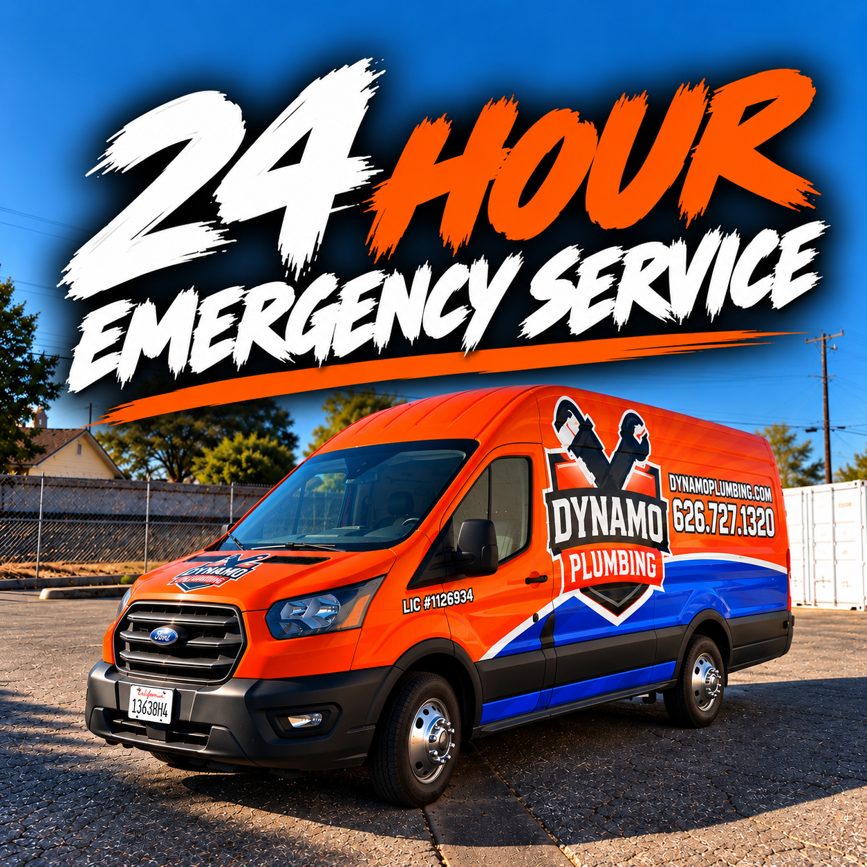 A white plumbing van parked on a residential street with trees and houses in the background, advertising 24-hour emergency plumbing services with a phone number and positive reviews.