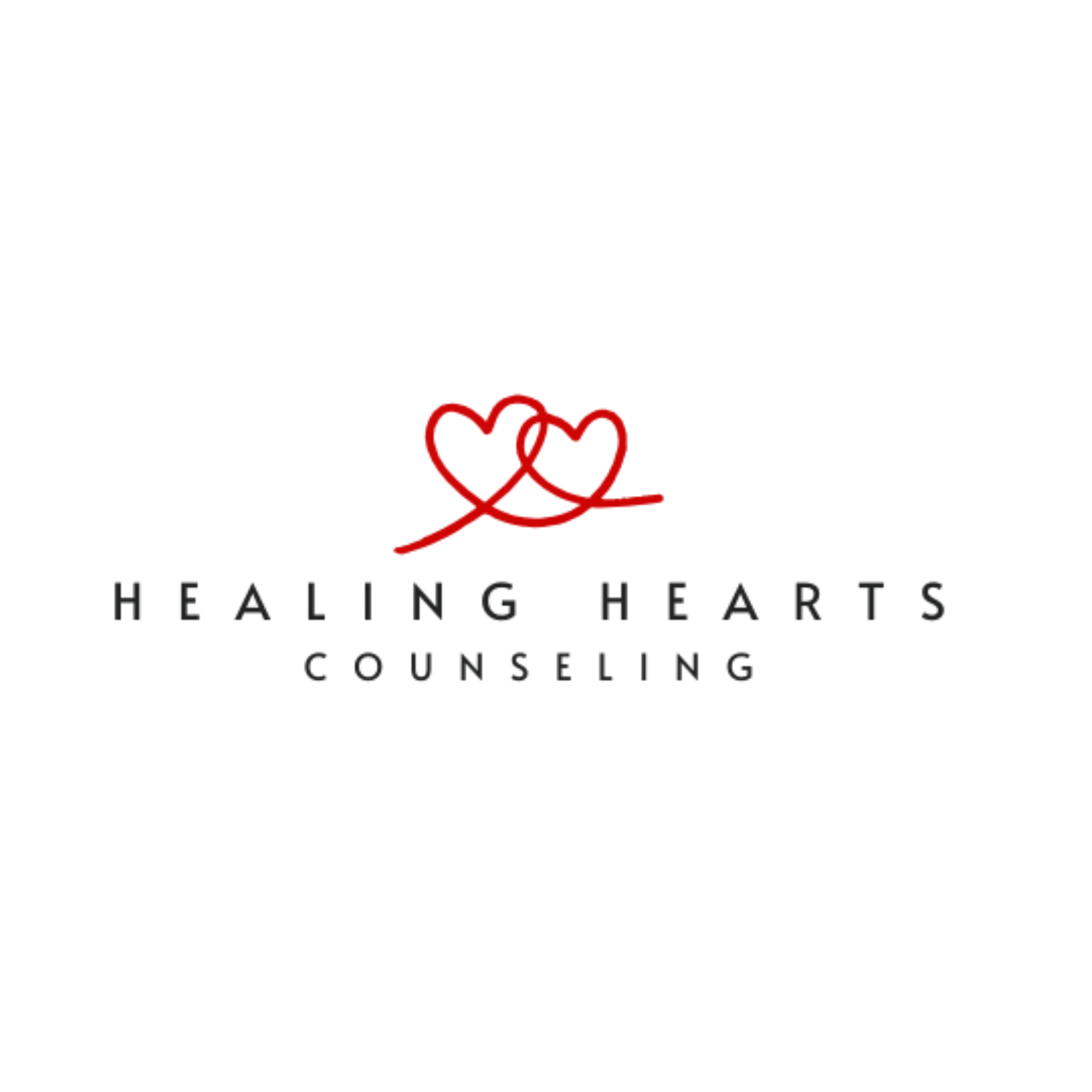 Logo for Healing Hearts Counseling featuring two intertwined red hearts above the text 'Healing Hearts Counseling' in black, with a white background.