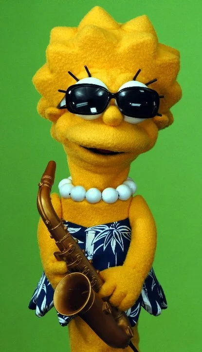 Custom made / built hand puppet Lisa Simpson pearls Hawaiian Dress sunglasses saxophone