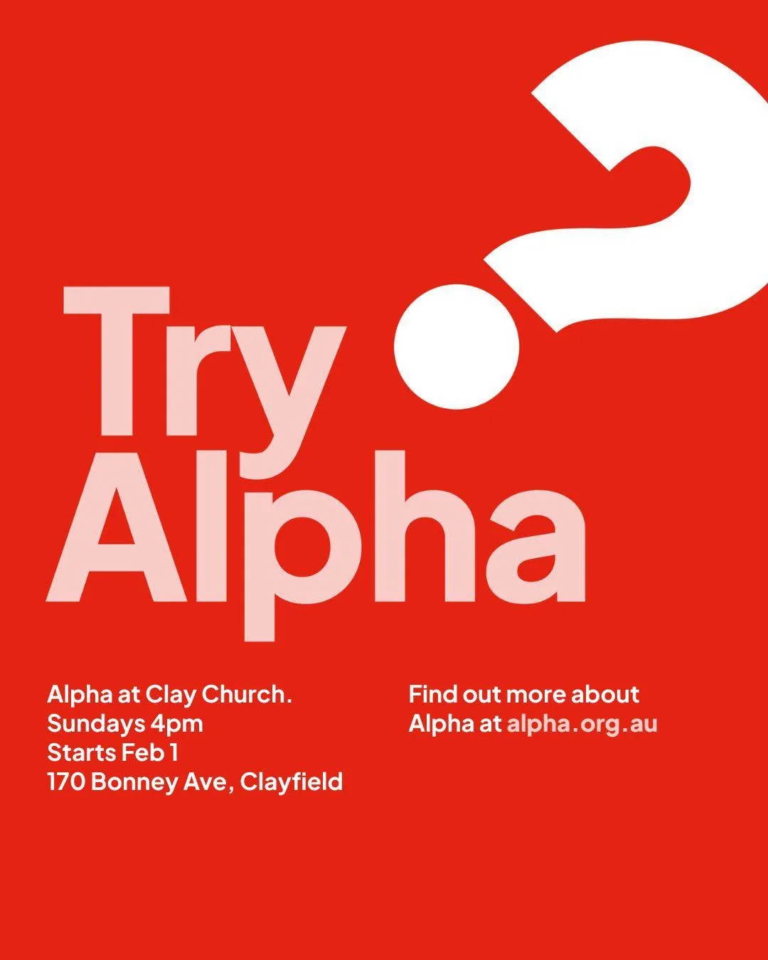 Ever wondered if there is more to life than what you can see and achieve? 

Alpha is a relaxed and safe space to explore the big questions of life and faith&mdash;no pressure, no assumptions, just honest conversations over good food with good people.