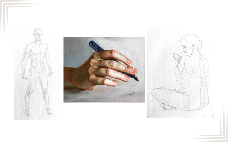 structure drawing of hand, structure drawing of male figure, drawing of female figure, art class