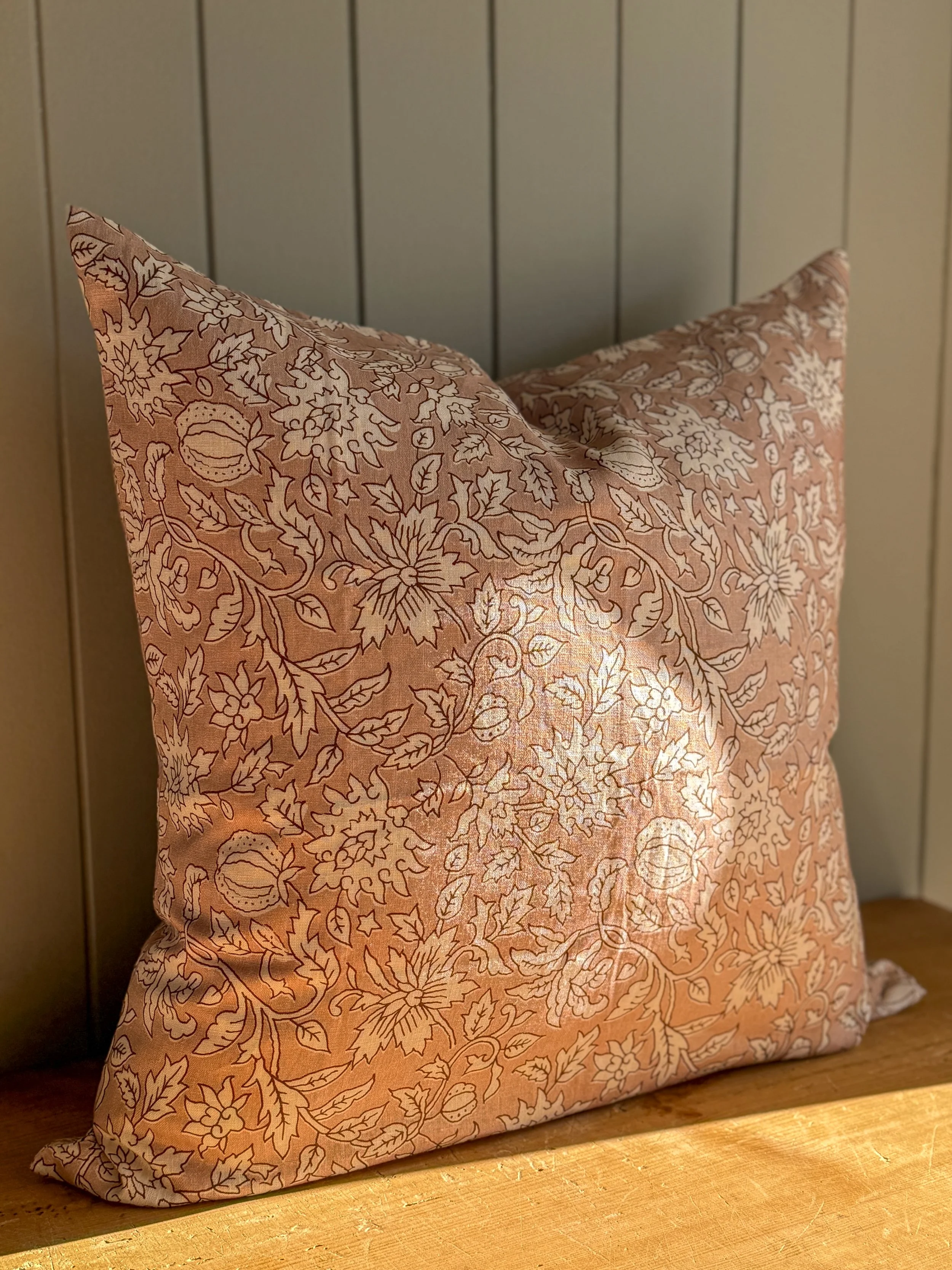 Dusty Pink Floral Block Printed Cushion - 55cm x 55cm