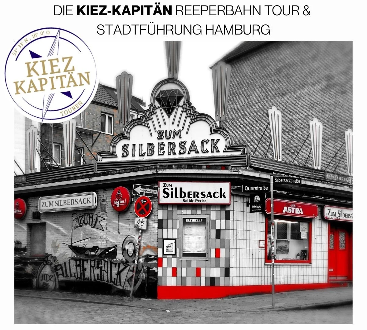 Ein Bild von einer kleinen Straßenhütte am Silbersack in Hamburg, mit Schildern, Graffiti und Verbotsschildern. Die Kiez Kapitän Hamburg Touren. Reeperbahn & Beatles Kieztour und Stadtführung Hamburg.