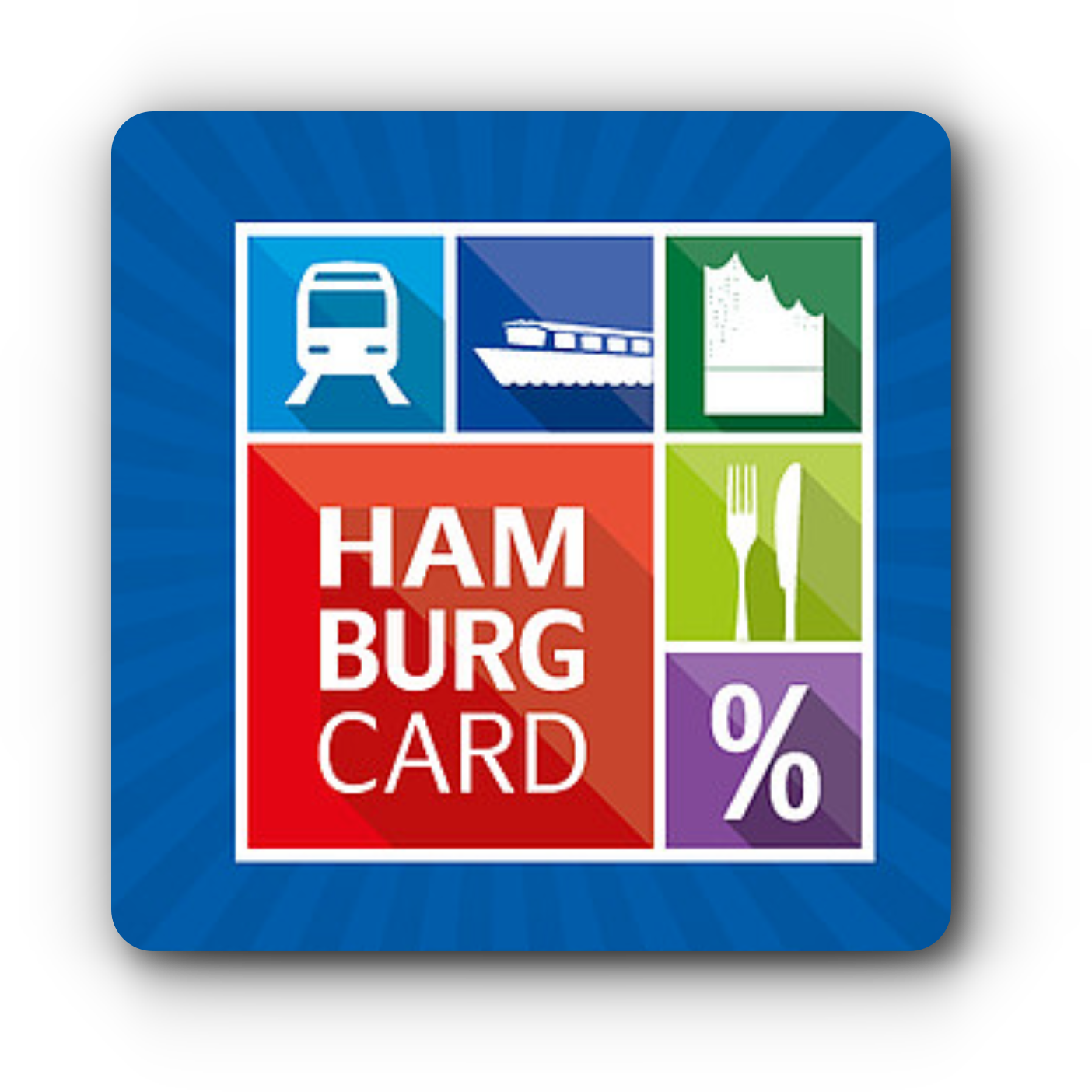 Grafik mit Symbolen für öffentliche Verkehrsmittel, Gastronomie und Rabatte, mit der Aufschrift "HAMBURG CARD" in rot.