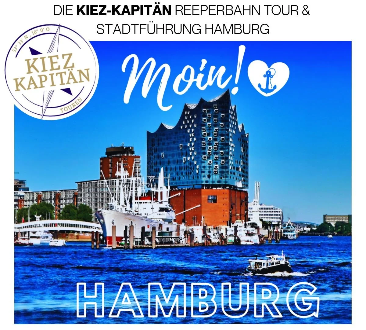 Blick auf die Elbphilharmonie in Hamburg mit Wasser und Booten im Vordergrund, sowie den Schriftzügen ‚Moin!‘ und ‚Hamburg‘ auf dem Bild