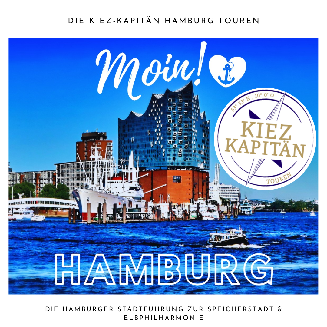 Werbeplakat für Hamburg-Touren mit Blick auf die Elbe, die Elbphilharmonie und die Speicherstadt, inklusive Hamburger Stadtführung.