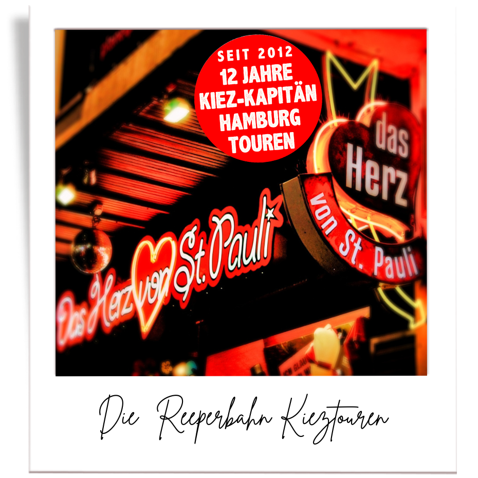 Neon-Schilderwerbung in Hamburg für die Rieperbahn-Kieztouren mit dem Text 'Das Herz von St. Pauli' und einer roten Sprechblase, die 12 Jahre Kiez-Kapitän Hamburg Touren seit 2012 erwähnt.