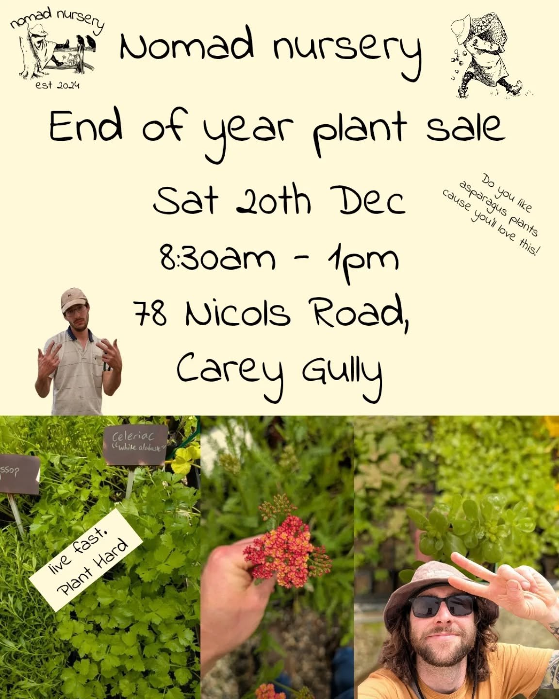 Tomorrow: the last plant sale date for @nomad.nursery

Christmas presents are sorted. Live fast, plant hard.

End of year sale, come clean out our stock and pump up your garden over the holiday season.

🌻 Sat Dec 20th 2025
🌻 8:30am - 1pm
🌻 78 Nico