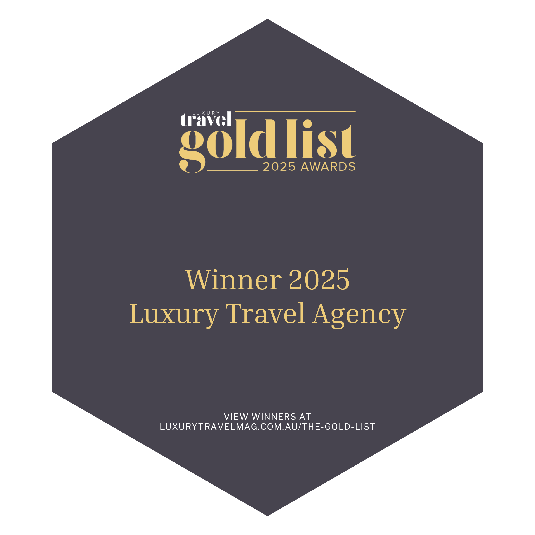Gold List 2025 Awards badge indicating a shortlist for Boutique Luxury Travel Agency - Leisure.