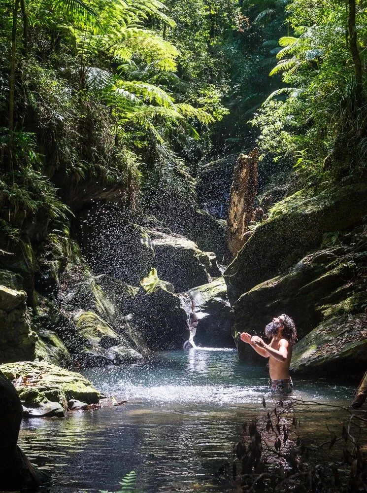 A person with long curly hair, shirtless, standing in a natural pool of water surrounded by jungle vegetation, with a small waterfall nearby.