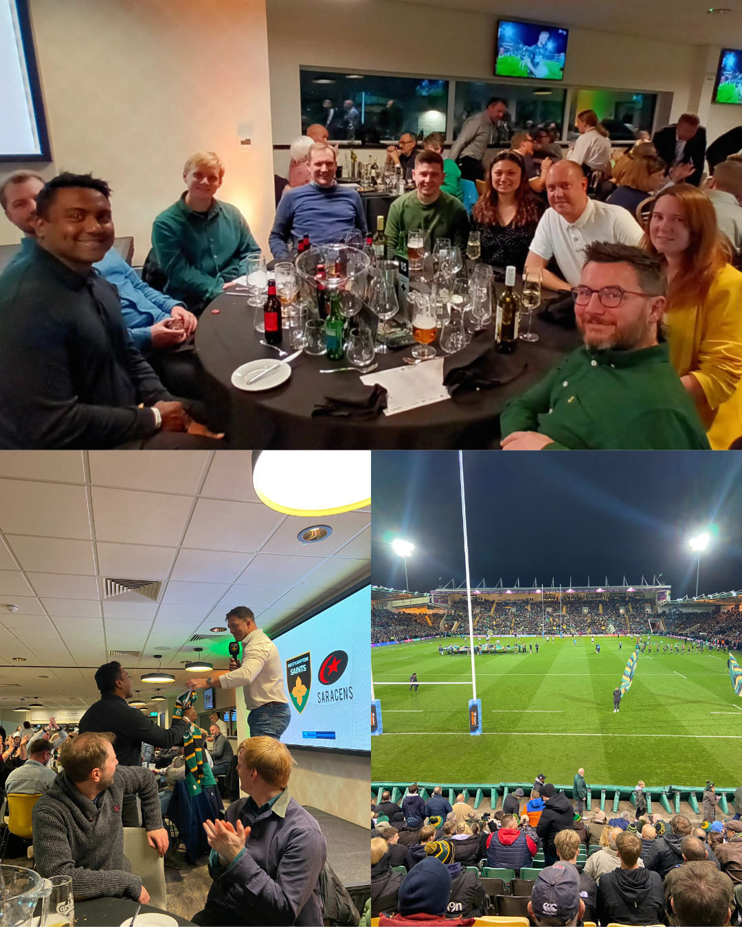 Leah and Shelly around a table with clients expressing their love for the rugby game